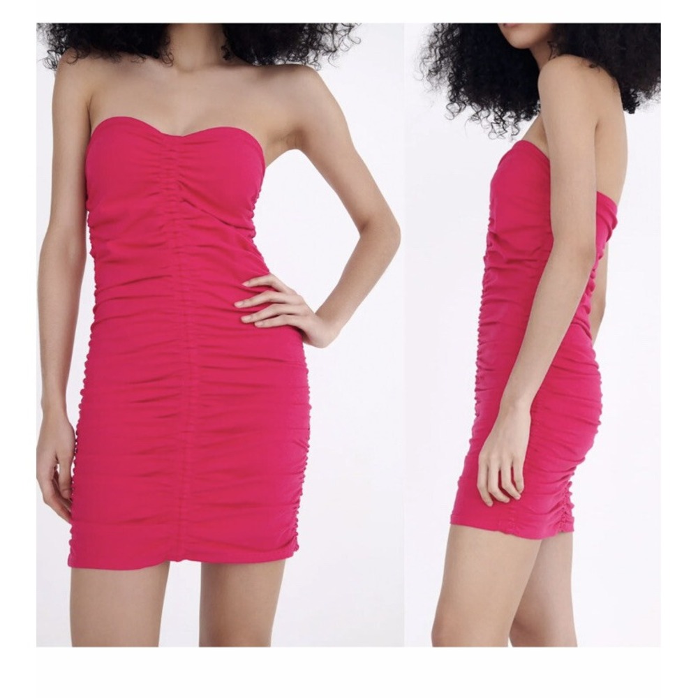 Zara Ruched Corset Dress Hot Pink Strapless Sweetheart Mini Small NWT